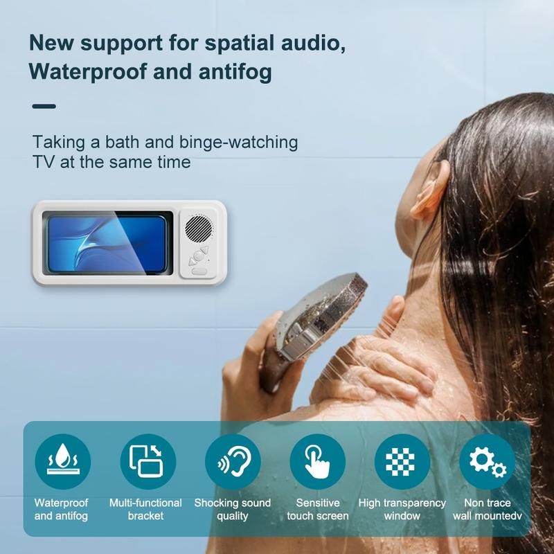 Person using SuperBox in shower to watch entertainment and listen to music
